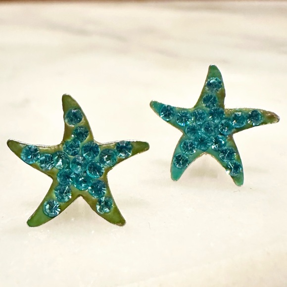 Sterling Silver Turquoise Rhinestone Starfish Stud Earrings Crystals Sparkle - Picture 1 of 6